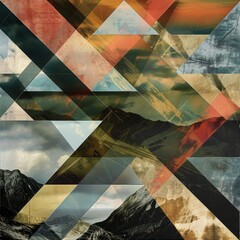 Canvas Print - A collage of mountains and clouds with a red triangle in the middle