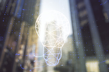 Poster - Virtual Idea concept with light bulb illustration on office buildings background. Multiexposure