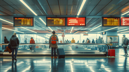 airport baggage claim area with baggage carousel and passengers waiting to receive their bags, showing the beginning or end of a journey