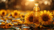 A transparent bottle of oil stands against the backdrop of a field of sunflowers. Sunflower oil in a bottle