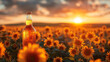 A transparent bottle of oil stands against the backdrop of a field of sunflowers. Sunflower oil in a bottle