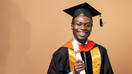 Wall Mural - A man in academic regalia, holding a diploma, smiling proudly, against a clean ivory background, styled as a graduation celebration shot.