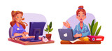 Fototapeta Panele - Woman doctor sitting at table with computer. Cartoon vector illustration set of female medical specialist working at desk with laptop and pc screen. Physicians in hospital uniform with stethoscope.