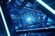 Chaotic metal grid extended tech background illuminated by blue light
