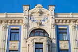Fototapeta Lawenda - Latvian tourist landmark attraction - Art Nouveau architecture, building fasade of Riga city, Latvia.