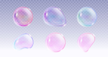 Poster - transparent soap ball with pink, blue and purple iridescent gradient color. realistic 3d vector illu