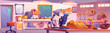 Archeology science lab interior with fossils. Vector cartoon illustration of laboratory room with prehistoric animal bones, stones, egg shells on desk, microscope, blackboard on wall, paleontology