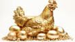 gold chicken with gold eggs on white background