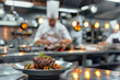 Close-Up of a Gorgeous Meat Dish with a Blurred Background of a Chef Cooking in a Professional Modern Kitchen, Highlighting the Working Concept of Cooks and Craftsmen
