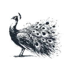 Poster - The peacock bird. Black white vector illustration.