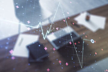 Poster - Creative abstract heart rate sketch and modern desk with computer on background, Medicine and healthcare concept. Multiexposure