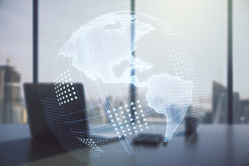 Poster - Digital America map and modern desktop with computer on background, international trading concept. Multiexposure