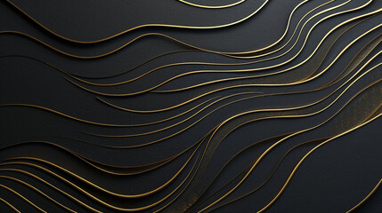 Wall Mural - An elegant design of thin, winding gold lines on a matte black background, evoking a luxurious, intricate maze.