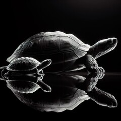 Wall Mural - A mother turtle and her baby in rim light black and white photography