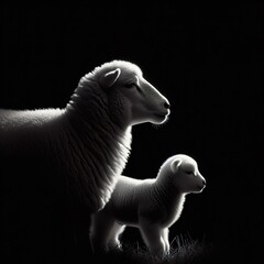 Wall Mural - A mother sheep and her baby in rim light black and white photography