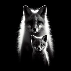 Wall Mural - A mother fox and her baby in rim light black and white photography