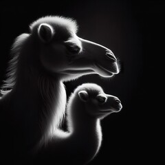 Wall Mural - A mother camel and her baby in rim light black and white photography