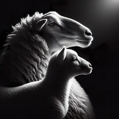 Wall Mural - A mother sheep and her baby in rim light black and white photography