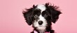Black and white water dog with pink bow tie on pink background