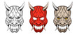 Set of Oni japanese devil masks, japan vector illustration, isolated on white background. T-shirt, tattoo, stickers or poster design. Color and monochrome vector illustration. Oni vector masks.