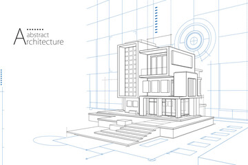 Aufkleber - 3D illustration abstract urban building out-line drawing of imagination architecture building construction design.