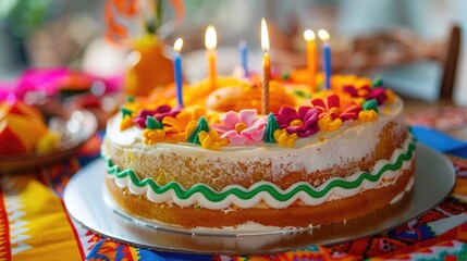 Wall Mural - A close-up of a festive Cinco de Mayo cake with icing decorations and candles. 