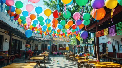 Wall Mural - An outdoor scene of colorful balloons and banners decorating a Cinco de Mayo event venue.