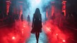 Capture a wide-angle view of a fashionable runway, blending horror elements like dark shadows and eerie lighting for an edgy twist Experiment with unexpected camera angles to showcase the models and d