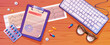 Doctor desk top view with computer keyboard, tablet with prescription or test documents, cardiogram examination, medicine pills and capsules and glasses on wooden surface. Cartoon vector illustration.