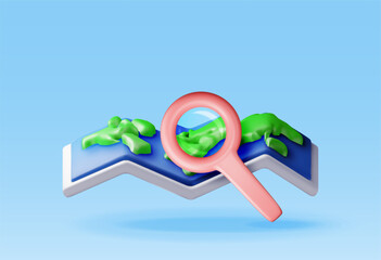 Poster - 3D Location folded paper map with magnifying glass isolated. Render GPS map and search loupe icon. GPS and navigation symbol. Element for map, social media, mobile apps. Realistic vector illustration