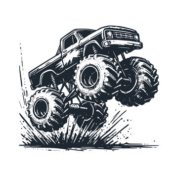 The big foot monster truck. Black white vector illustration.