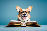 Fototapeta Dmuchawce - A happy corgi dog with a book on a blue background. The concept of education, training, and training of animals.
