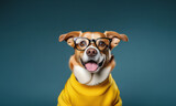 Fototapeta Dmuchawce - A happy dog with glasses on a blue background. The concept of education, training, and training of animals.