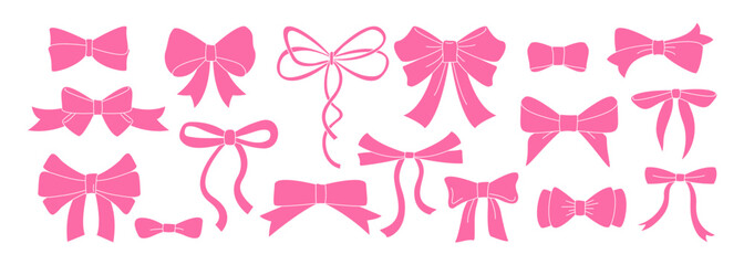 Set of various bow knots, tie ups, gift ribbons. Hand Bow knots, tie ups, gift ribbons. Gift bows, pink ribbons. Festive decoration, invitation elements, packaging for sale shopping, wedding, birthday