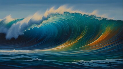 Poster - A painting of a wave that has the colors of the ocean and the colors in the background