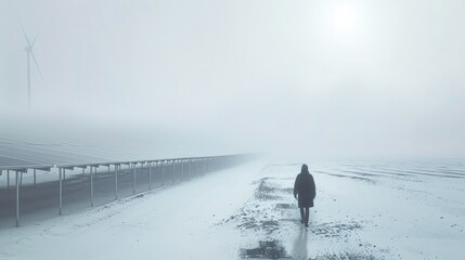 Wall Mural - a solitary construction worker in a crisp, snowy landscape, walking alone through a silent field of 