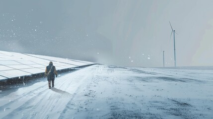 Wall Mural - a solitary construction worker in a crisp, snowy landscape, walking alone through a silent field of 
