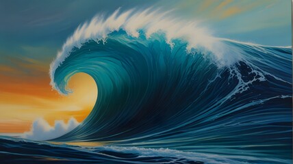 Poster - A painting of a wave that has the colors of the ocean and the colors in the background