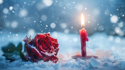Birthday Candle Shaped like Alphabet Letters with Red Rose and Snowy Winter Background