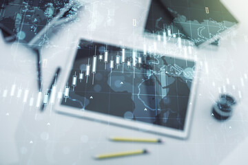 Poster - Multi exposure of abstract creative financial chart with world map and digital tablet on background, top view, research and analytics concept