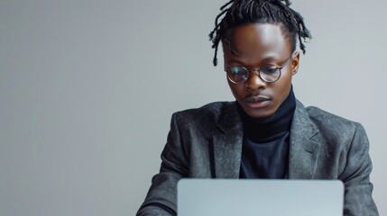 A tech entrepreneur in a turtleneck and blazer, typing on a laptop, looking intrigued and focused, against a clean grey background, styled as a tech innovator.