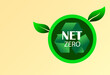 Net zero and carbon neutral concept. Green recycling symbol with the words net zero. CO2 level gauge percentage reduced to 0 Net Zero.