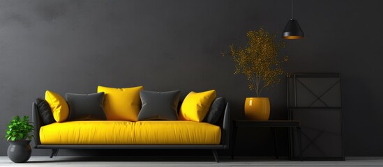 Canvas Print - Living room with a yellow couch against black walls