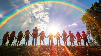 Wall Mural - An action shot of people holding hands under a rainbow, promoting love and equality.