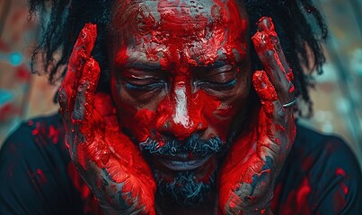 Wall Mural - A picture of a man with red paint on his hands.
