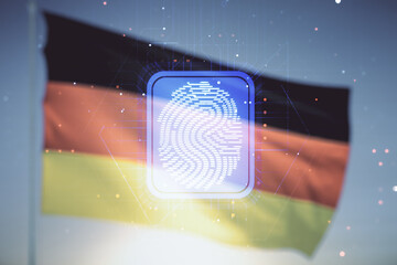 Aufkleber - Double exposure of virtual creative fingerprint hologram on flag of Germany and blue sky background, protection of personal information concept
