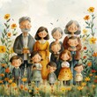 The grandma, grandpa, mom, dad, and children stand proudly together in this modern illustration. This illustration is a hand drawn style modern illustration.