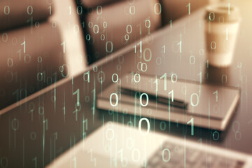 Aufkleber - Creative abstract binary code hologram on modern computer background, AI and machine learning concept. Multiexposure