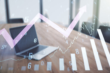 Aufkleber - Abstract creative financial graph with upward arrow on modern laptop background, forex and investment concept. Multiexposure