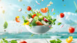 Fresh salad in bowl with flying vegetables. Healthy food